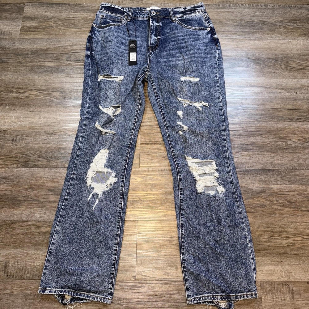 Fashion Nova "Go Off" Boyfriend Jeans Juniors 15 Distressed Acid-Wash Finish
